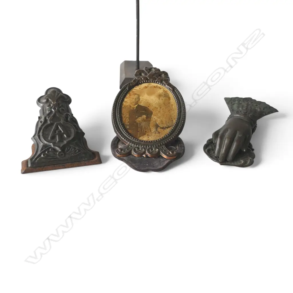 4 VICTORIAN METAL PAPER CLIPS; King George V & Queen Mary, Hand, 'A', & one on stand, L.90mm-120mm Image 1++