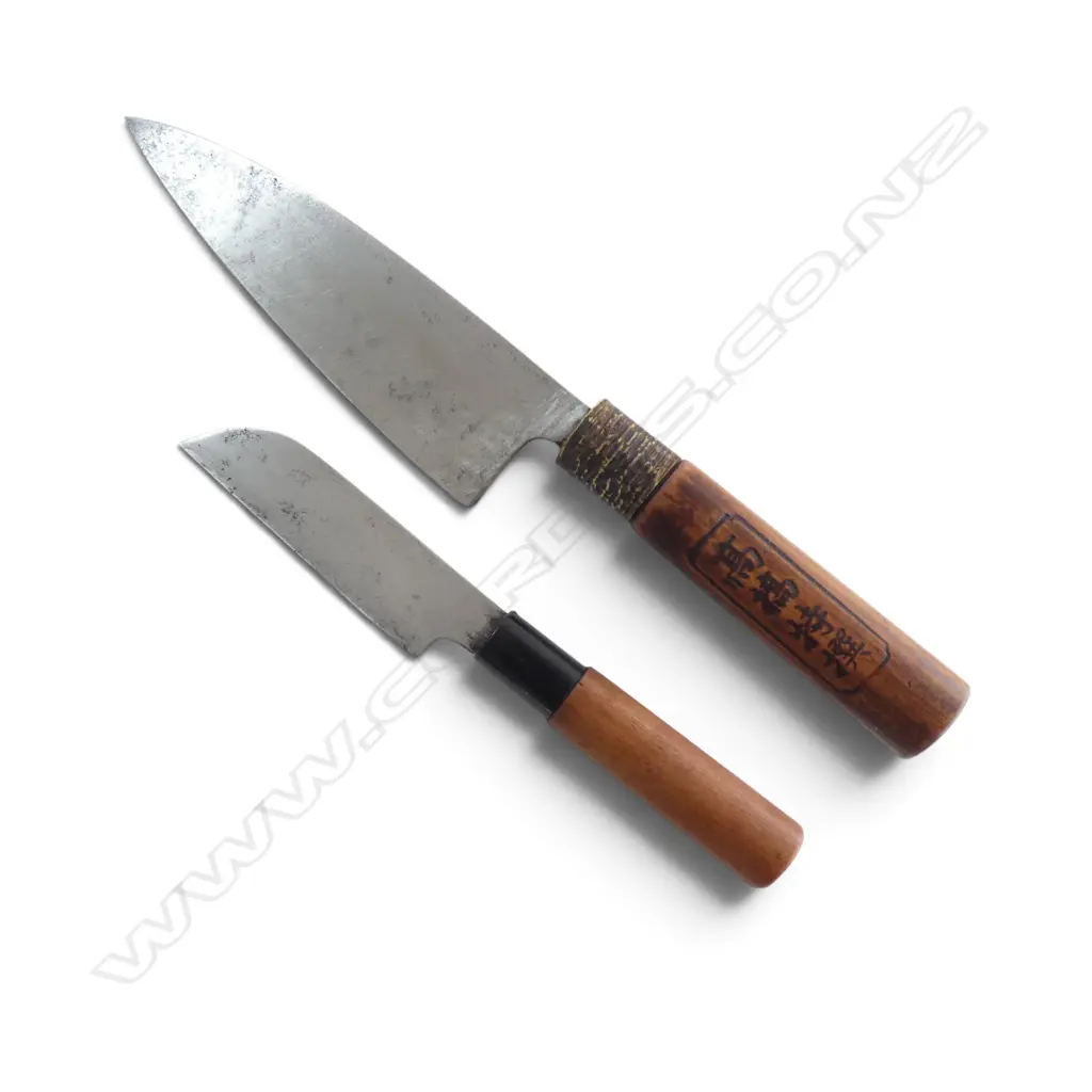 1950's JAPANESE CARBON STEEL CHEF's KNIFE & SML PARING KNIFE, both signed to handle Image 1++