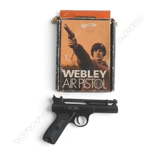 VINTAGE WEBLEY AIR PISTOL. Boxed. .177 cal. Batch # 66. w 3 pins (rare) on trigger. 