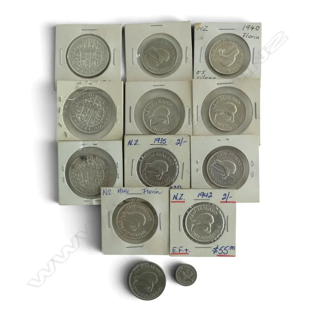 COLLECTION OF EARLY 20thC MOSTLY SILVER NEW ZEALAND FLORINS + HALF-CROWN etc Image 1++