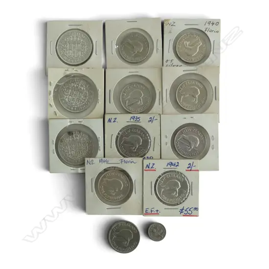 COLLECTION OF EARLY 20thC MOSTLY SILVER NEW ZEALAND FLORINS + HALF-CROWN etc