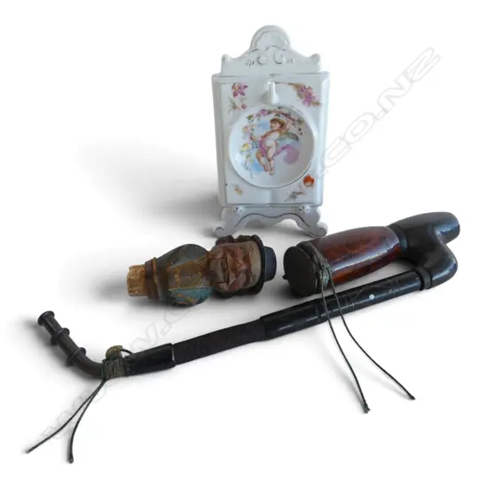 ANTIQUE GERMAN PIPE + CARVED BOTTLE STOPPER + PORCELAIN WATCH STAND
