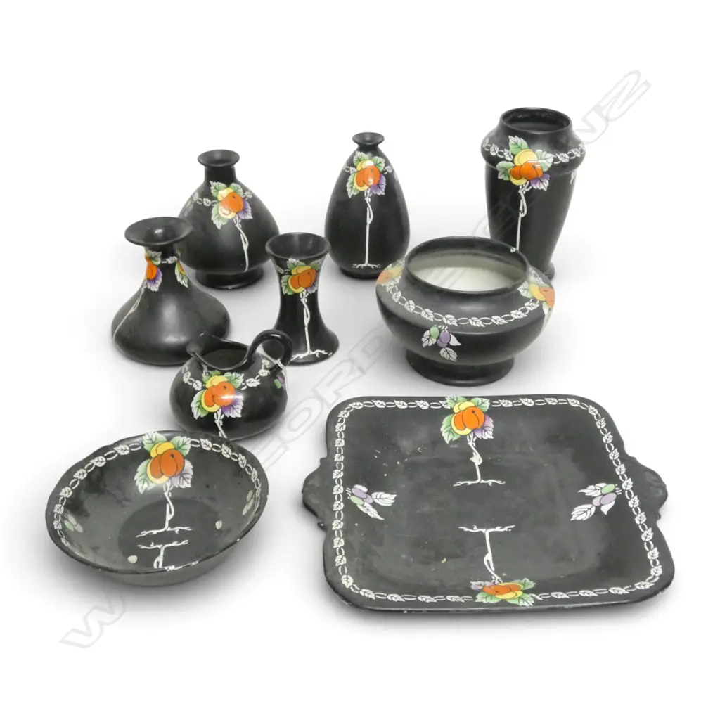 9PCS SHELLEY CHINA BLACK COLOURWAY APRICOT PAT VASES PLATES ETC Image 1++