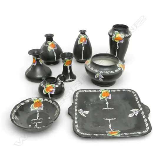 9PCS SHELLEY CHINA BLACK COLOURWAY APRICOT PAT VASES PLATES ETC