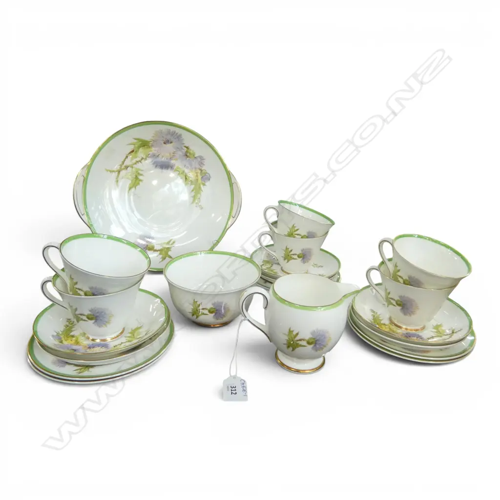 ROYAL DOULTON "GLAMIS THISTLE" PART TEA SERVICE; 6 TRIOS, SUGAR, CREAM & CAKE PLATE Image 1++