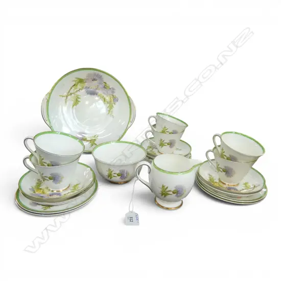 ROYAL DOULTON "GLAMIS THISTLE" PART TEA SERVICE; 6 TRIOS, SUGAR, CREAM & CAKE PLATE