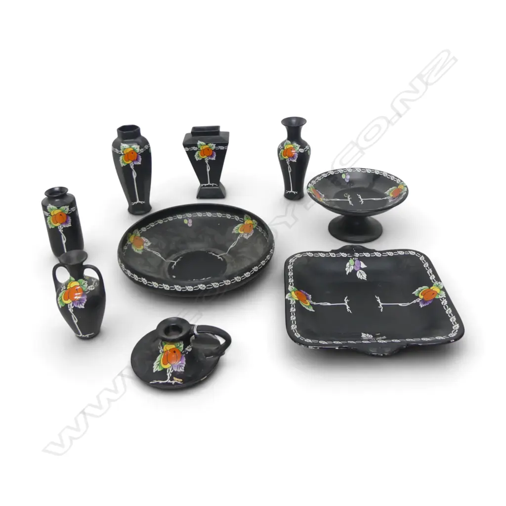9PCS SHELLEY CHINA BLACK COLOURWAY APRICOT PAT VASES PLATES ETC Image 1++