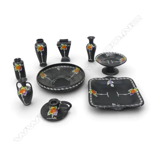 9PCS SHELLEY CHINA BLACK COLOURWAY APRICOT PAT VASES PLATES ETC