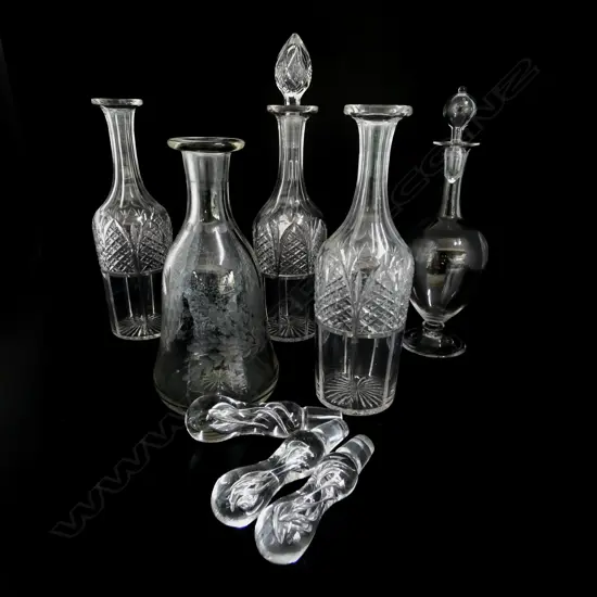 5 ASST. CRYSTAL & GLASS DECANTERS faults, three without stoppers H.320mm + 3 TWIST GLASS STOPPERS