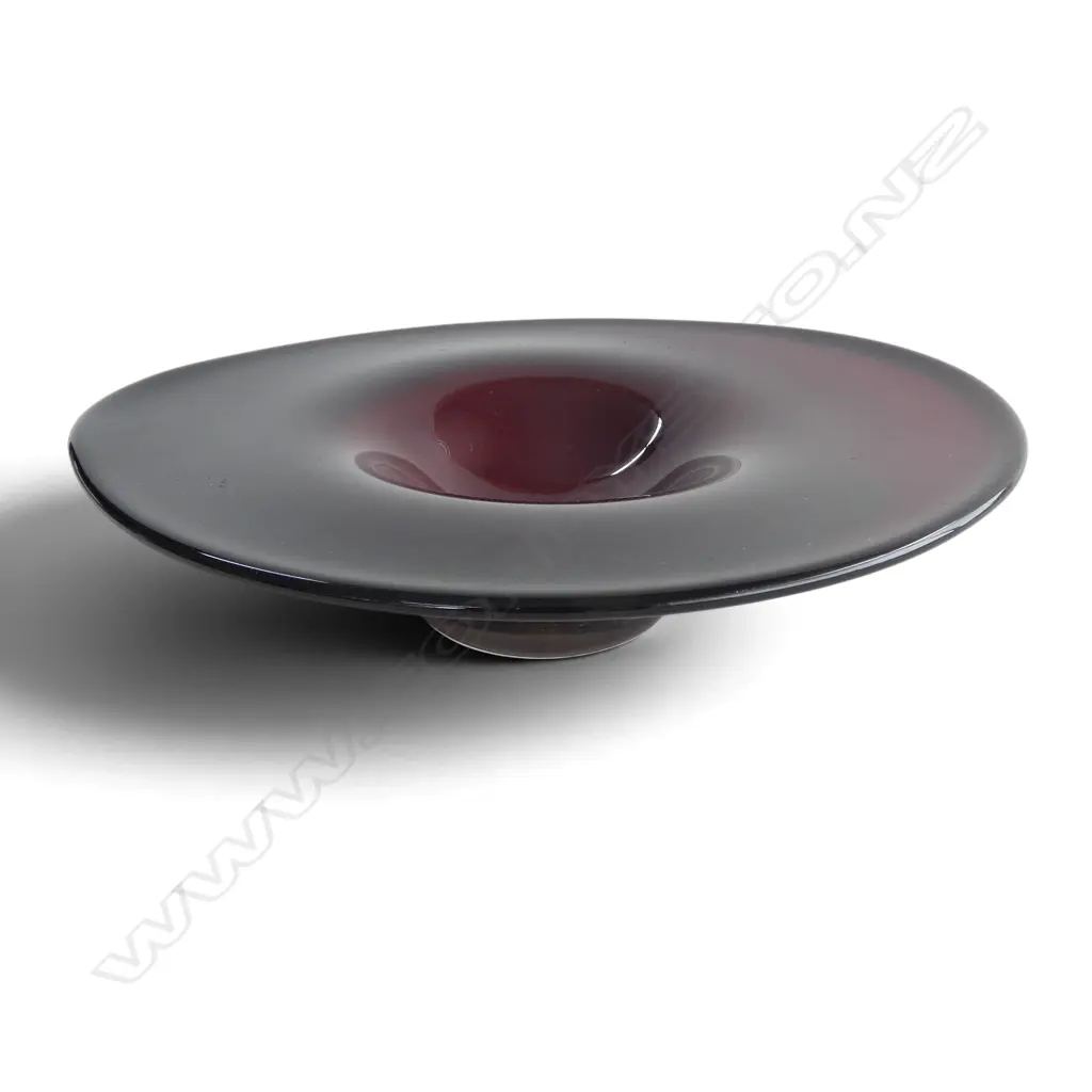 MID CENTURY RUBY RED ART GLASS BOWL w. heavy clear footed base, W.255mm L.295mm H.70mm Image 1++