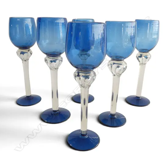 SET 6 TALL HAND BLOWN BLUE WINE GLASSES, H.255mm