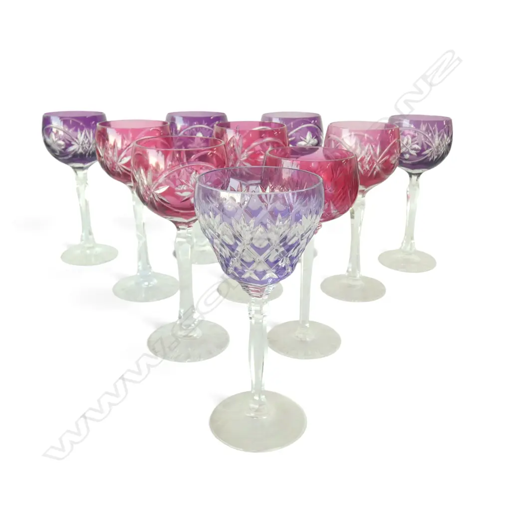 10 CUT CRYSTAL COLOURED HOCK GLASSES small frits to rims H.195mm Image 1++