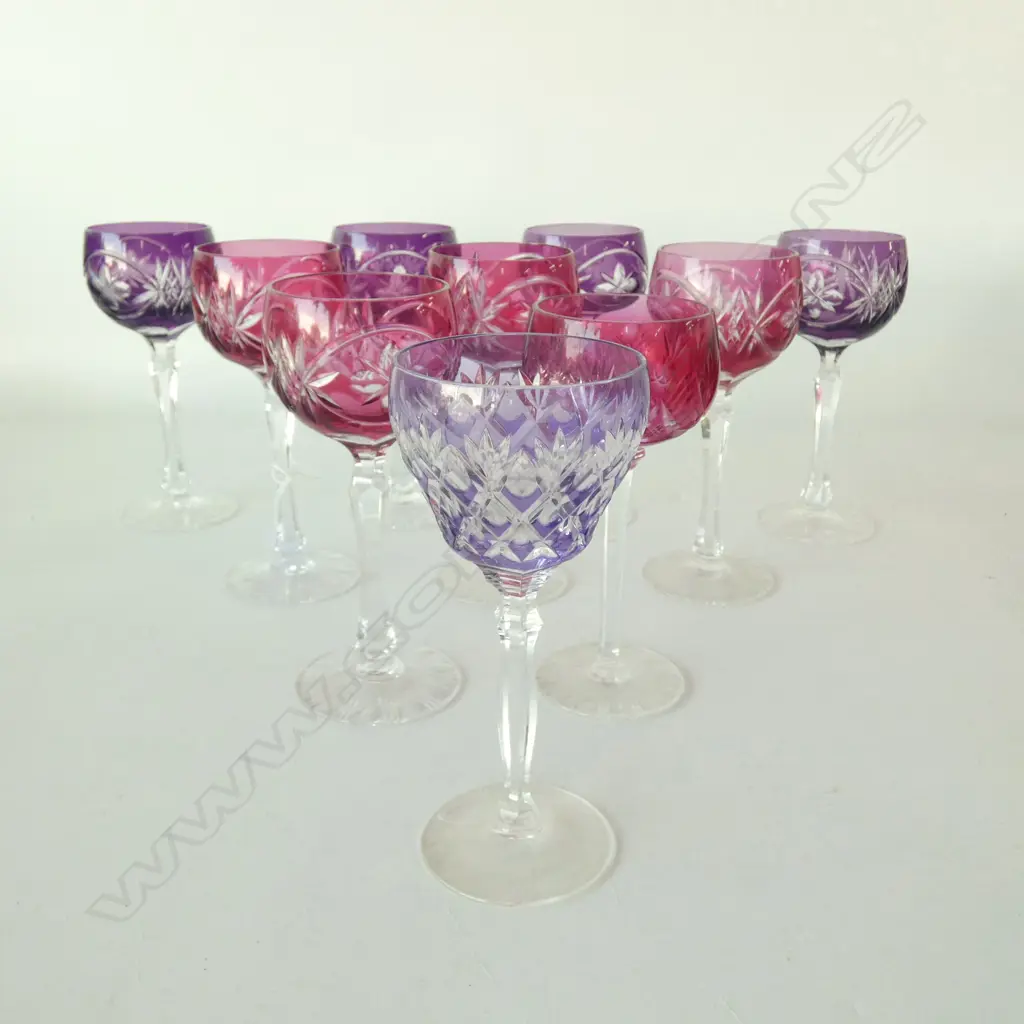 10 CUT CRYSTAL COLOURED HOCK GLASSES small frits to rims H.195mm Image 1++