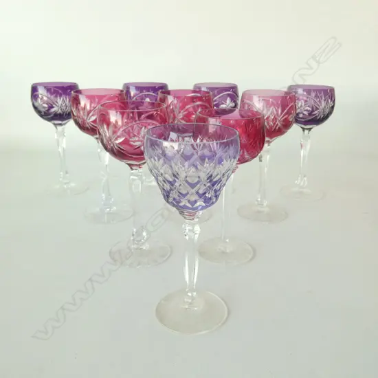 10 CUT CRYSTAL COLOURED HOCK GLASSES small frits to rims H.195mm