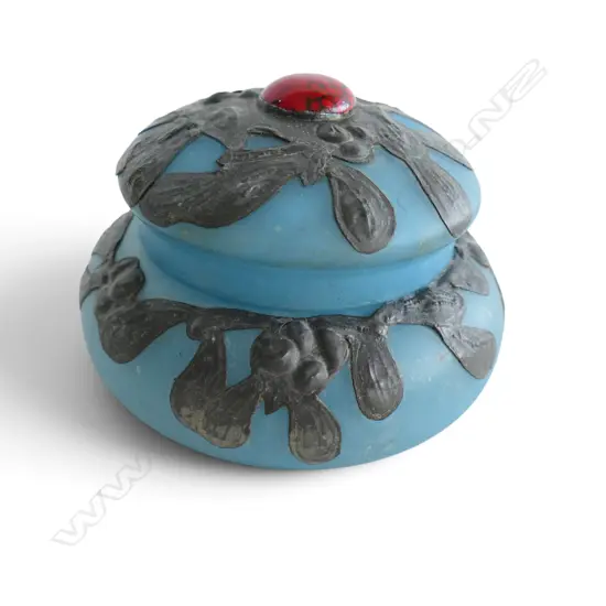 FRENCH ART NOUVEAU TRINKET BOX FROSTED GLASS WITH HAND WORKED PEWTER OVERLAY & RED GLASS CABACHON ATELIER D/ART LABEL DI