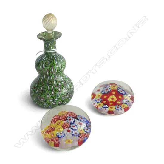 VINTAGE MILLE FIORE GLASS SCENT BOTTLE + 2 PAPER WEIGHTS H.150mm