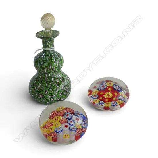 VINTAGE MILLE FIORE GLASS SCENT BOTTLE + 2 PAPER WEIGHTS H.150mm