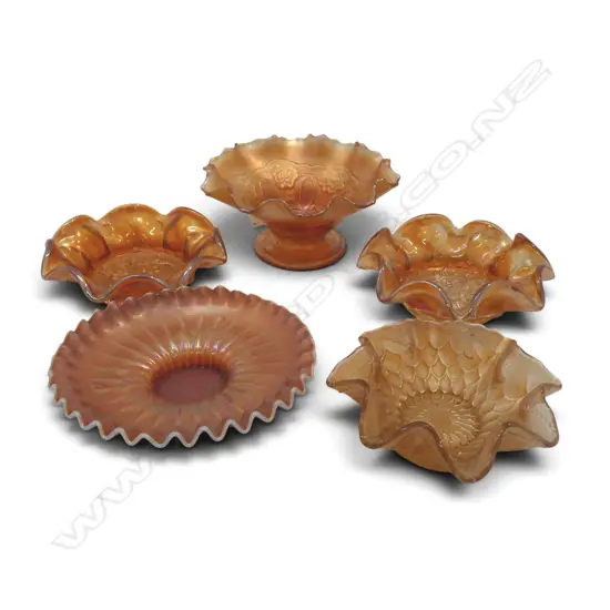 5 VINTAGE CARNIVAL GLASS BOWLS DIA 200MM LARGEST 
