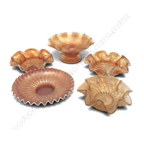 5 VINTAGE CARNIVAL GLASS BOWLS DIA 200MM LARGEST 