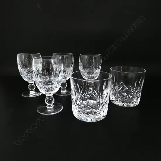 6 PCES WATERFORD CRYSTAL; PR LISMORE TUMBLERS H.85mm + 4 COLLEEN PATTERN GLASSES H.115mm