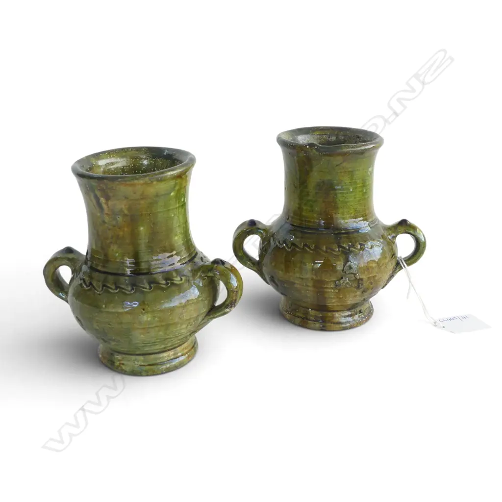 PR OF RUSTIC MOROCCAN GREEN GLAZED 2 HANDLED POTTERY VASES H130MM Image 1++