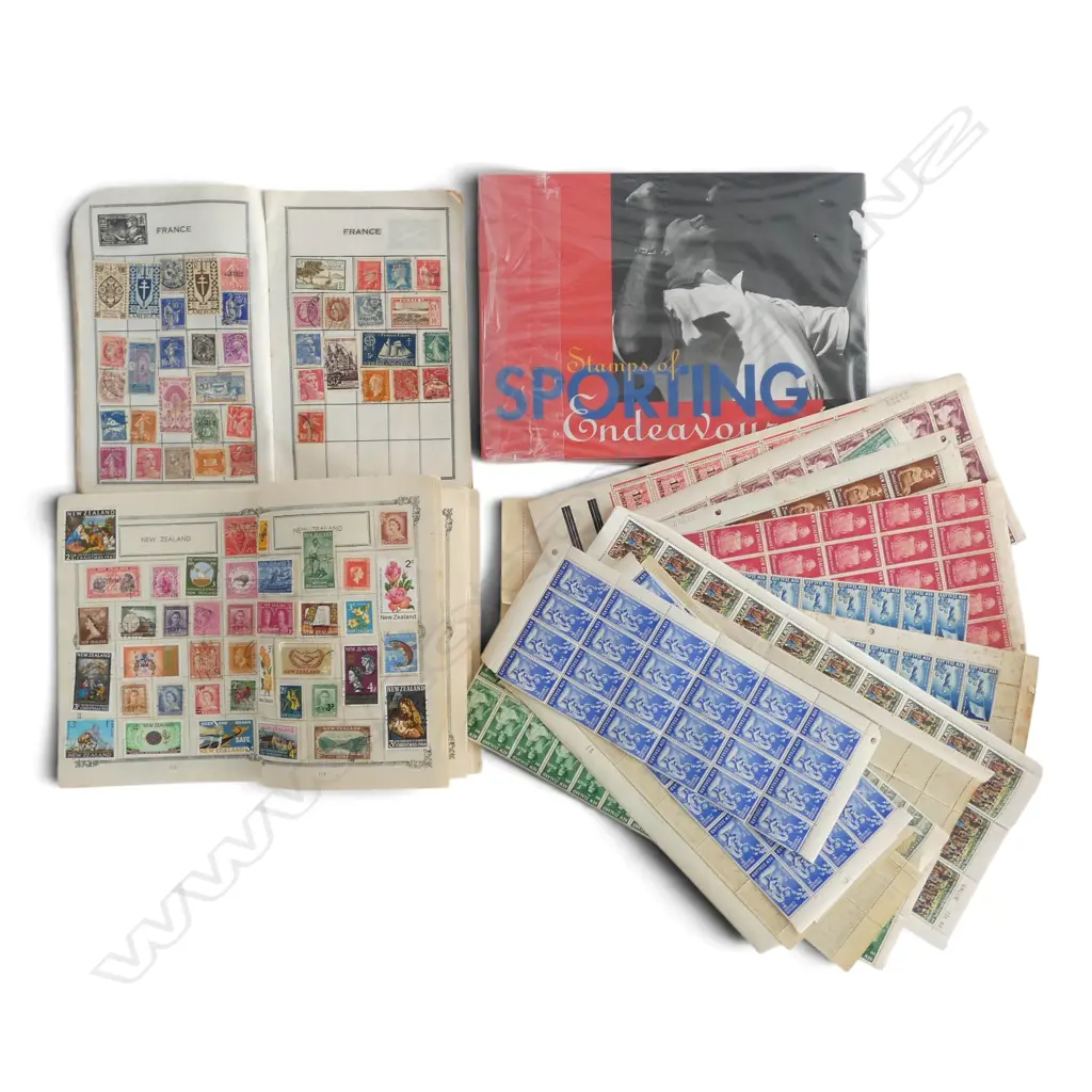NZ PREDECIMAL SHEETS + PART SHEETS + 2 SMALL STAMP ALBUMS + NZ 'STAMPS OF SPORTING ENDEAVOUR' ALBUM Image 1++