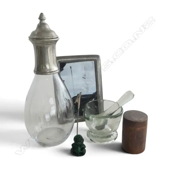 PEWTER TOPPED CARAFE & PHOTO FRAME, GLASS APOTHECARY MORTAR/PESTLE ETC
