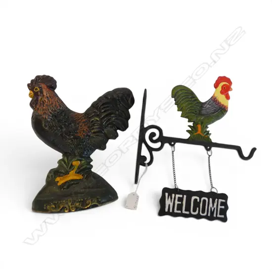 CAST IRON ROOSTER DOOR STOP + WELCOME SIGN W.250mm