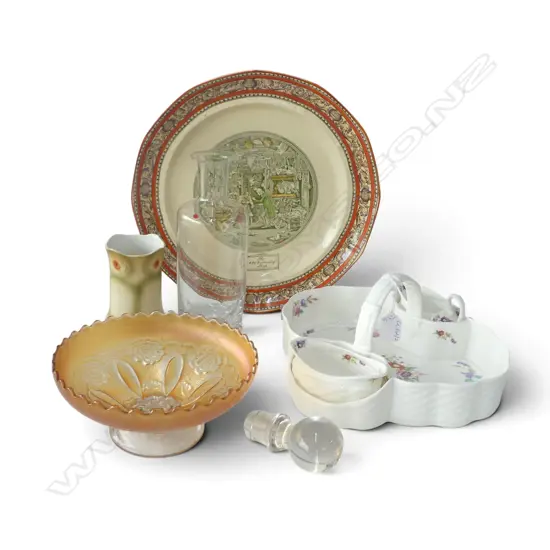 5 PCES; CRYSTAL DECANTER, CARNIVAL GLASS BOWL, VASE, COALPORT TRAY SET, ADAMS PLATE 330mm dia 
