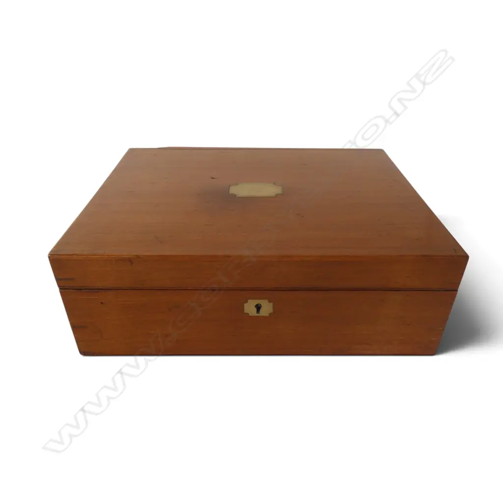 ANTIQUE WOODEN BOX brass inlay, fitted interior 330x255x110mm Image 1++
