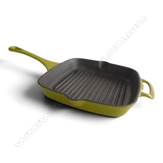 HEAVY GREEN ENAMEL CAST IRON GRILL PAN, W.290mm L.495mm