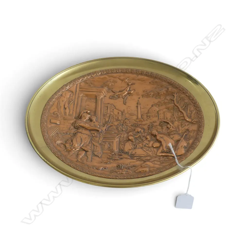 BRASS COMPORT w. EMBOSSED COPPER CENTRE of classical romanesque scene Dia.315mm Image 1++