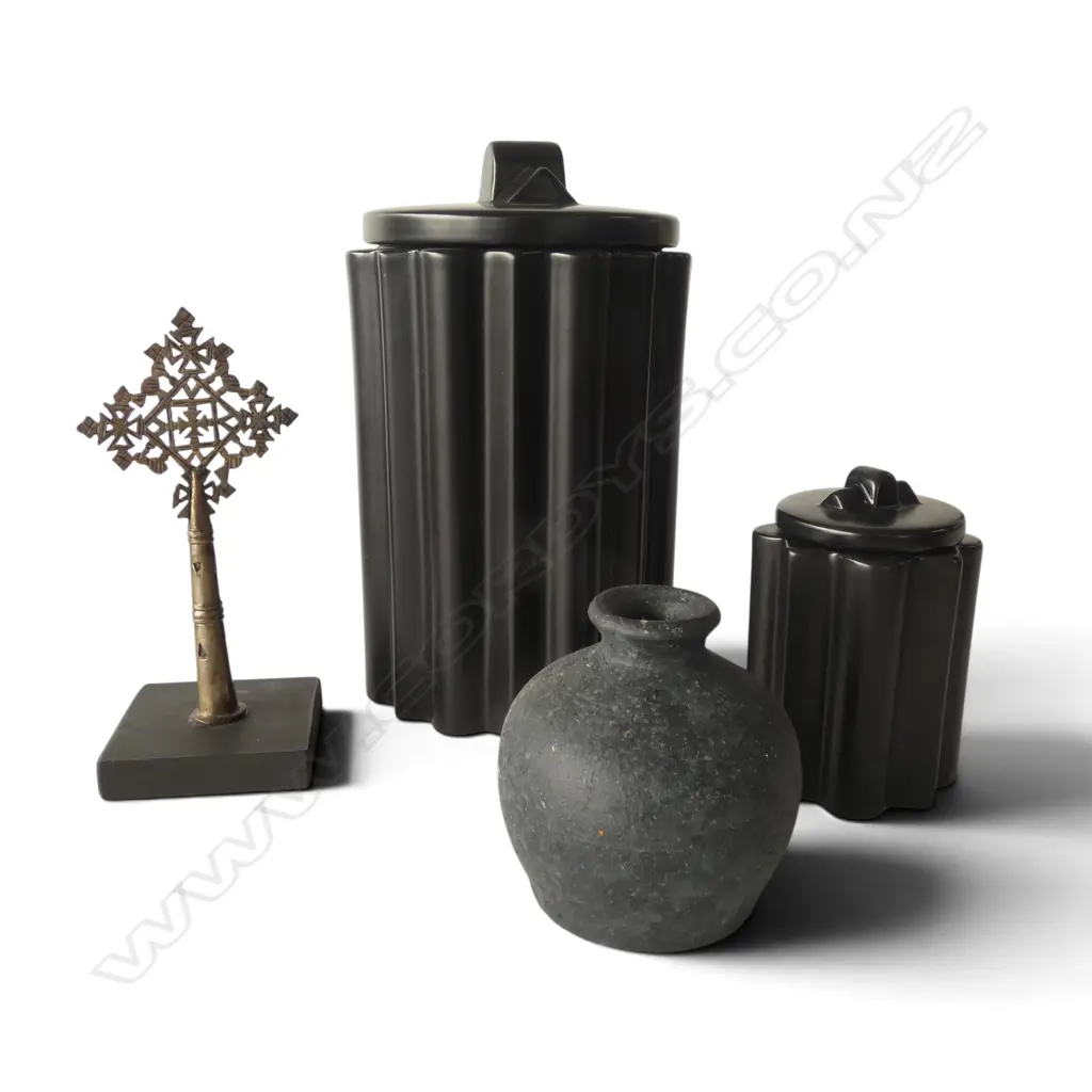 2 GREG NATALE JARS H.290mm, BLACK RESIN VASE, ETHIOPIAN METAL CROSS Image 1++