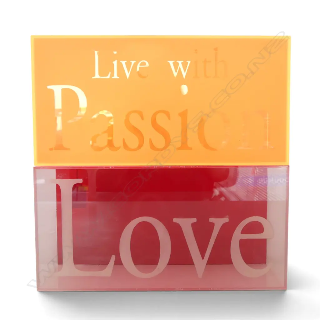 TWO PERSPEX RECTANGULAR PRISIMS 'LOVE' & LIVE WITH PASSION'  150 (H) X 300 (W) X 90 (d)MM Image 1++