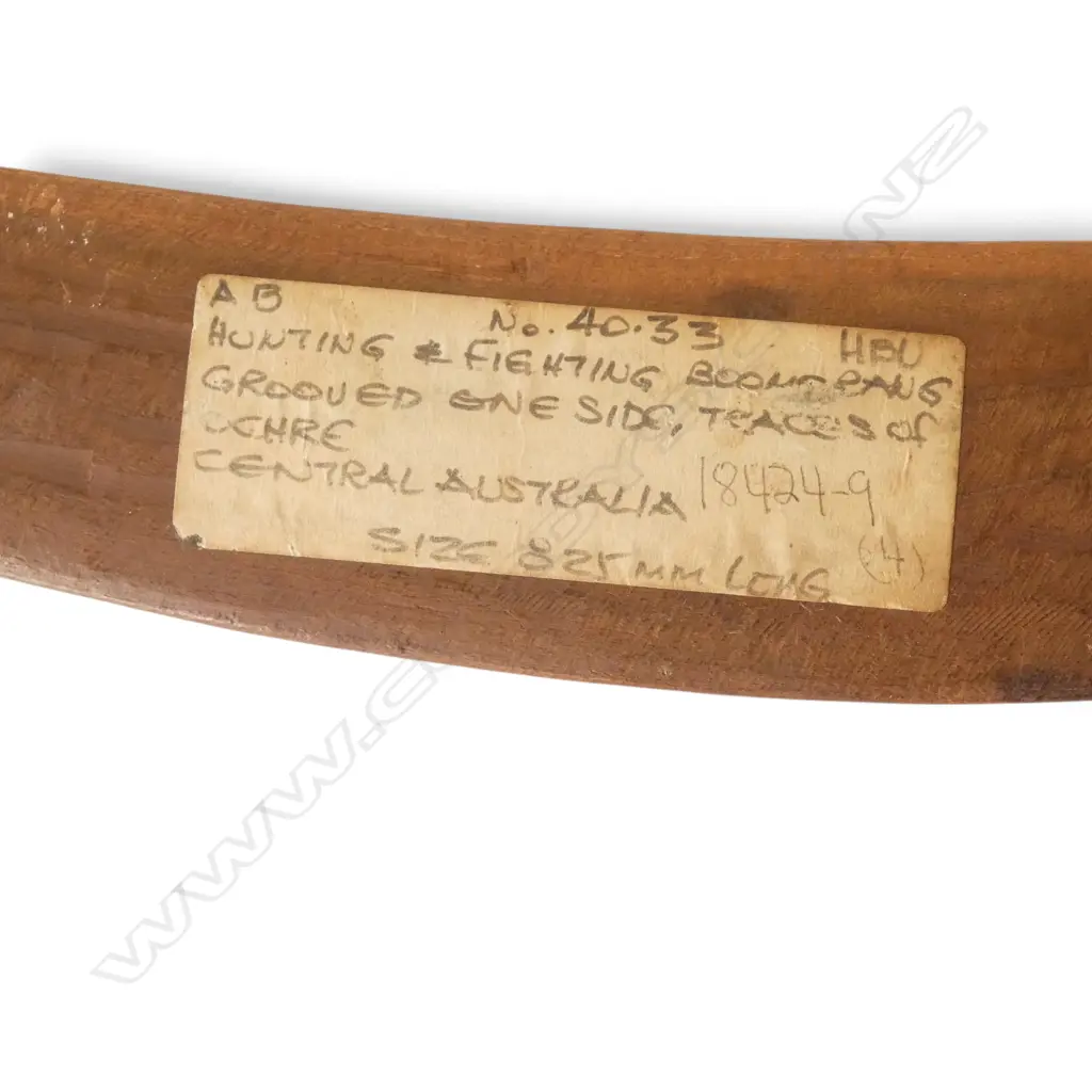 ABORIGINAL BOOMERANG w. labe affixed 'Central Australia' L.825mm Image 1++