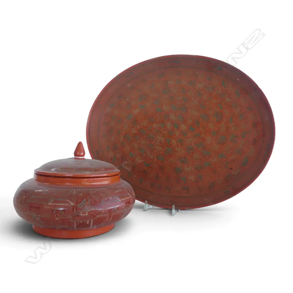 ORIENTAL LACQUER LIDDED CONTAINER 220mm dia & TRAY W.490mm Image 1++