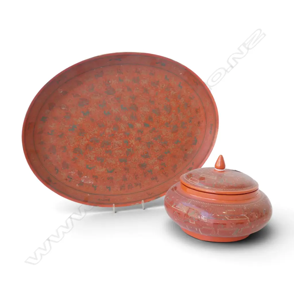 ORIENTAL LACQUER LIDDED CONTAINER 220mm dia & TRAY W.490mm Image 1++
