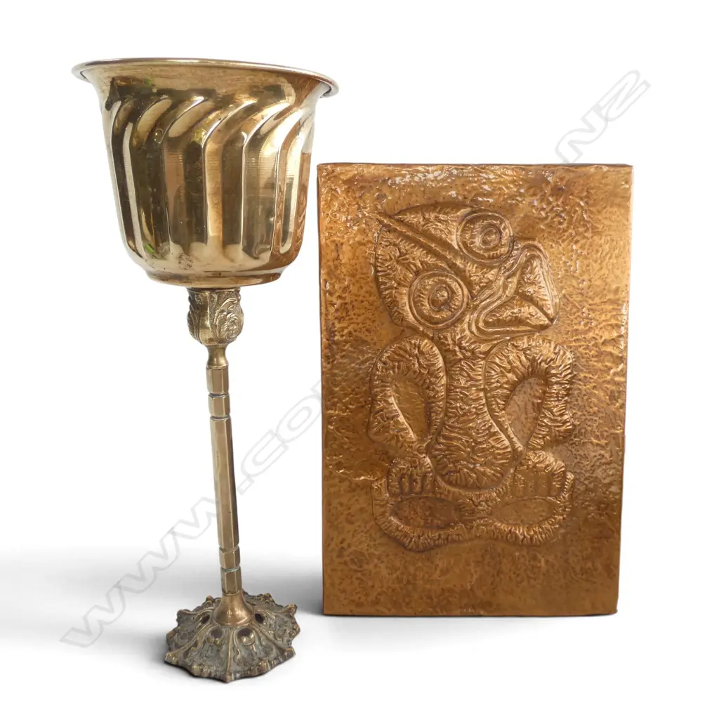 VINTAGE HAND BEATEN COPPER TIKI PLAQUE, H.290x190mm & TALL BRASS PEDESTAL PLANTER/CHALICE, H.320mm Image 1++