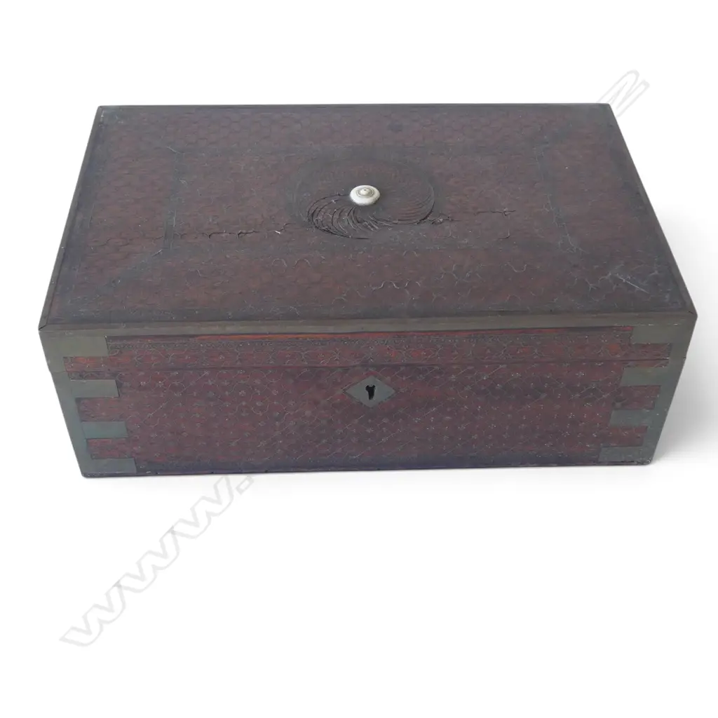 ANGLO INDIAN BRASS INLAID MAHOGANY BOX L330 H120MM Image 1++