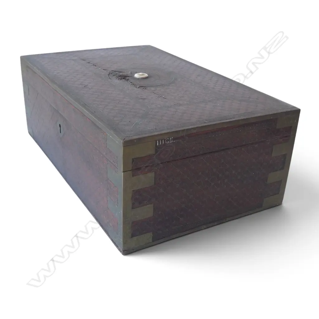 ANGLO INDIAN BRASS INLAID MAHOGANY BOX L330 H120MM Image 1++