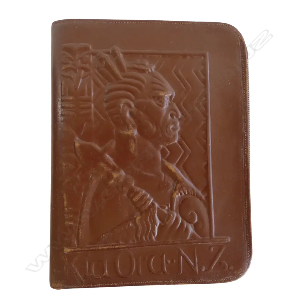 EMBOSSED LEATHER 'KIA ORA' FOLDER H.285mm Image 1++