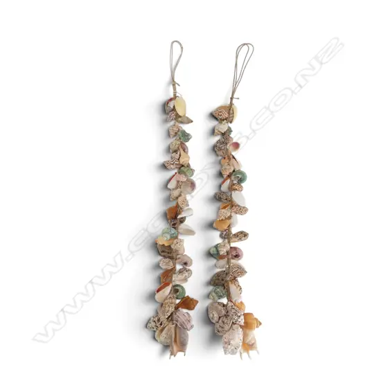 2 LONG STRANDS OF COLOURED SHELLS: spider shells + conches etc. L.700mm