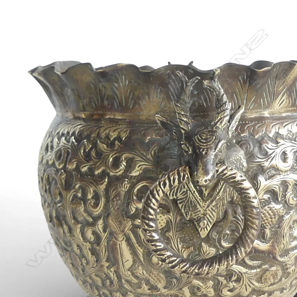EASTERN EMBOSSED BRASS JARDINERE WITH INTRICATE DESIGNS & DEER HEAD HANDLES  H170MM Image 1++
