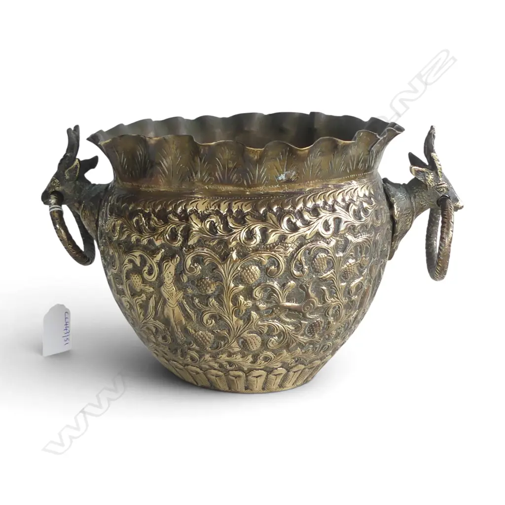 EASTERN EMBOSSED BRASS JARDINERE WITH INTRICATE DESIGNS & DEER HEAD HANDLES  H170MM Image 1++