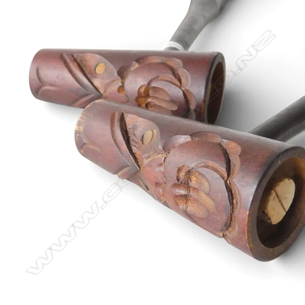 PR VINTAGE MAORI WOOD CARVED SALT & PEPPER SHAKERS, & LEATHER MUSIC BAG, L.310mm L.380mm Image 1++