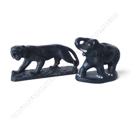 PLASTER BLACK FRENCH DESIGNER TIGER ORNAMENT L.290mm + ELEPHANT
