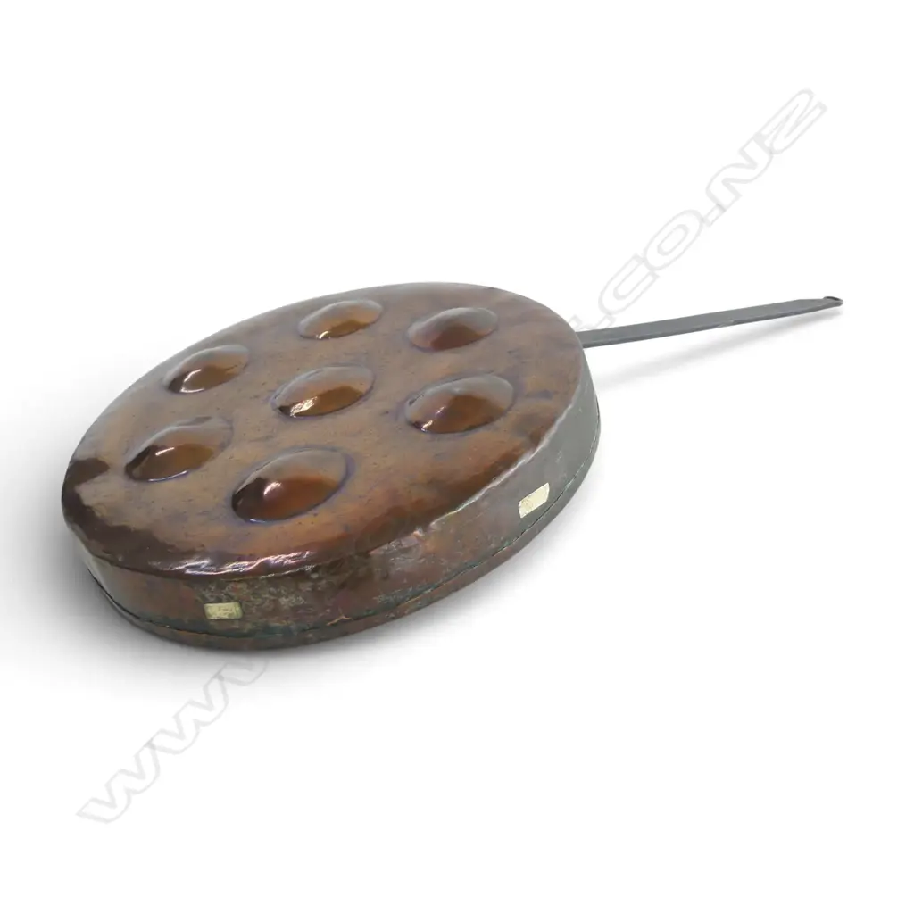 VINTAGE COPPER EGG POACHER TIN LINED WITH WROUGHT IRON HANDLE DIA380MM Image 1++