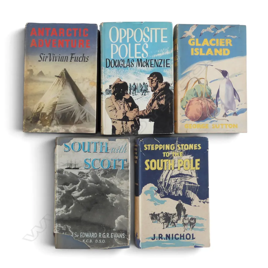 5 ANTARTICA BOOKS SOUTH WITH SCOTT, GLACIER IS, OPPOSITE POLES ETC Image 1++