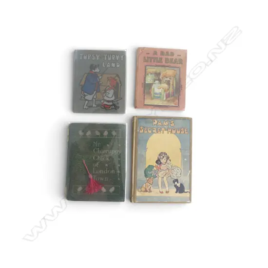 4 SMALL ANTIQUE CHILDREN'S BOOKS: 'TOPSY-TURVY LAND'+ A BAD LITTLE BEAR' ETC