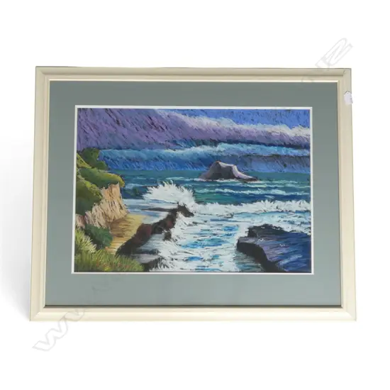 T W BRYAN, 'WILD DAY, MURIWAI BEACH' PASTEL 465x665mm